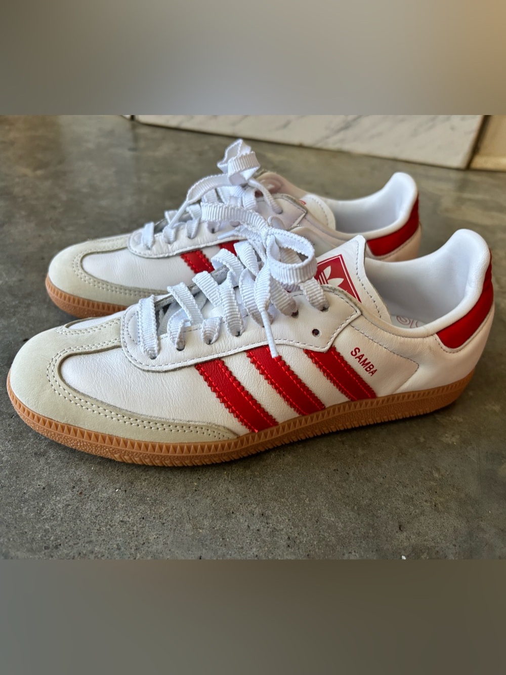 NWOT White and Lucid (Bright Crimson) Red Stripe OG Samba. Gum Sole. - Picture 2 of 7
